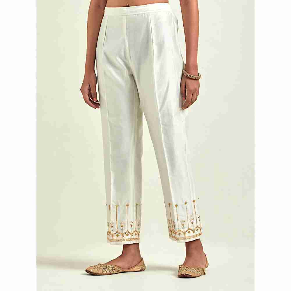Anantaa by Roohi Trehan Off White Silk Chanderi Palazzo with Embroidered Hem