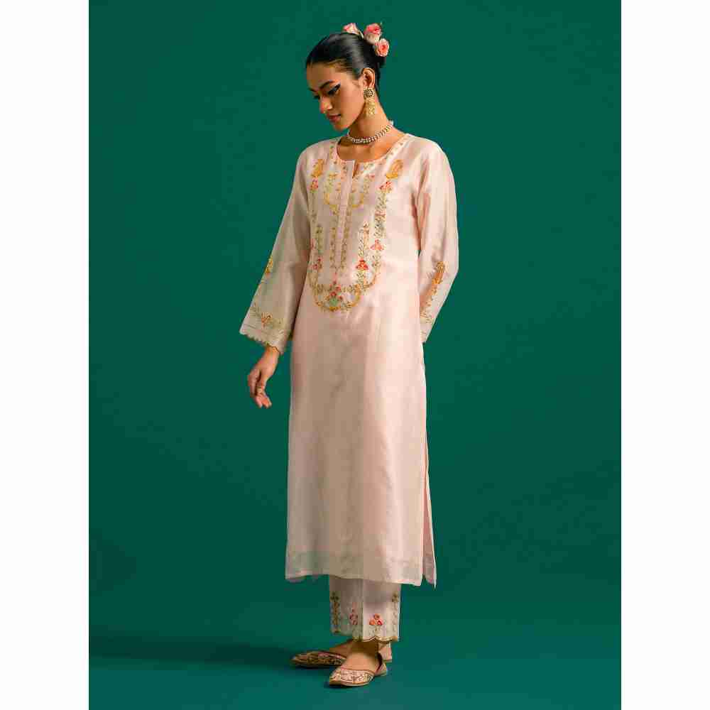 Anantaa By Roohi Trehan Pink Hand Embroidered Thread Work Silk Chanderi Kurta