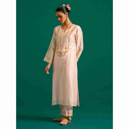Anantaa By Roohi Trehan Pink Hand Embroidered Thread Work Silk Chanderi Kurta