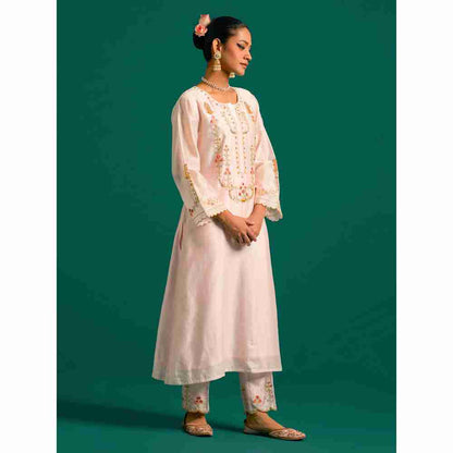 Anantaa By Roohi Trehan Pink Hand Embroidered Thread Work Silk Chanderi Kurta