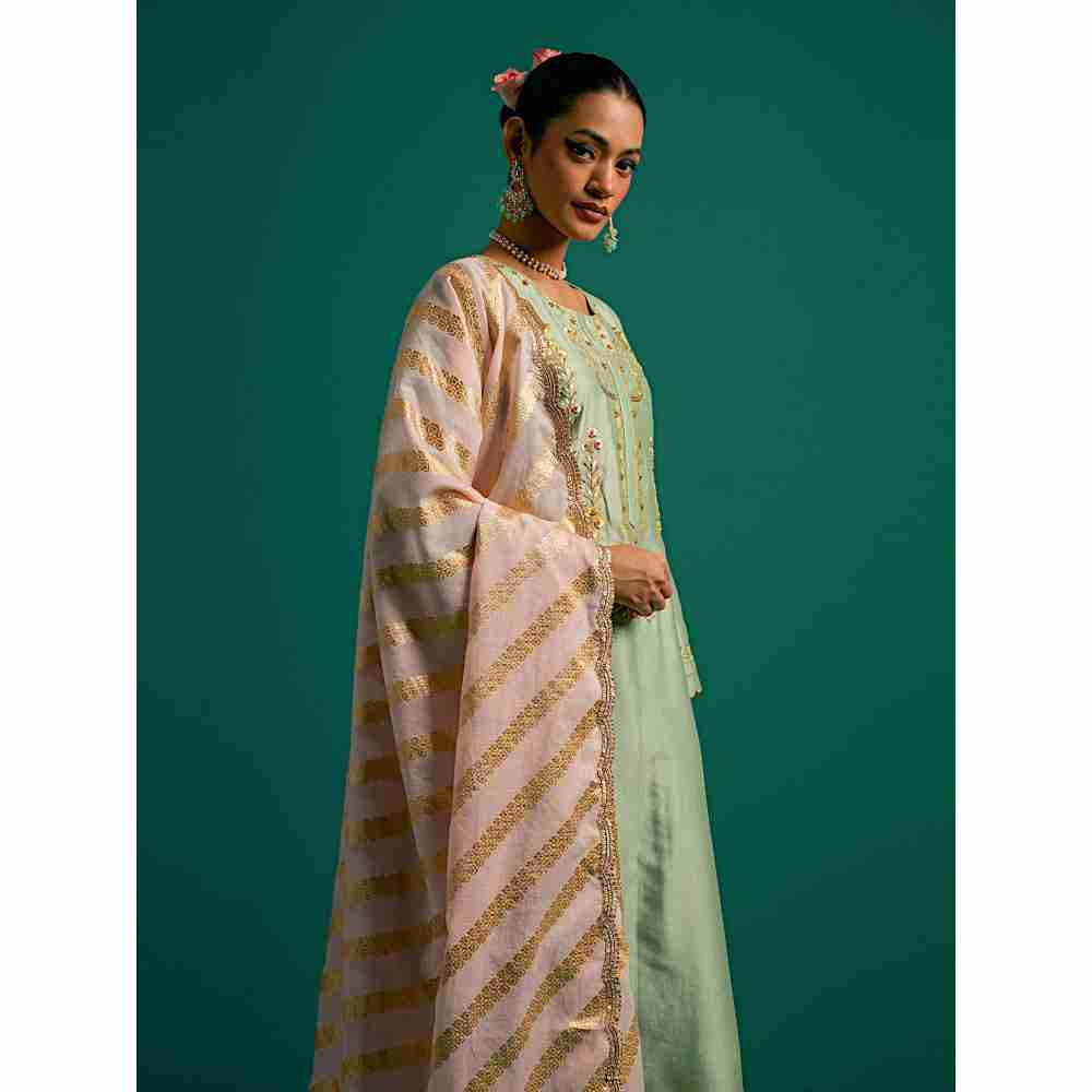 Anantaa By Roohi Trehan Green Hand Embroidered Thread Work Silk Chanderi Kurta