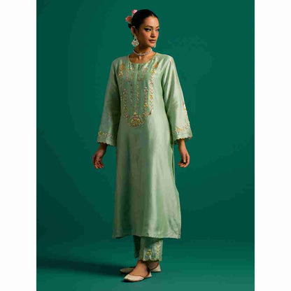 Anantaa By Roohi Trehan Green Hand Embroidered Thread Work Silk Chanderi Kurta