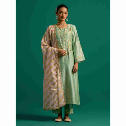 Anantaa By Roohi Trehan Green Hand Embroidered Thread Work Silk Chanderi Kurta