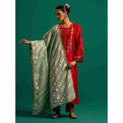 Anantaa By Roohi Trehan Red Hand Embroidered Thread Work Silk Chanderi Kurta