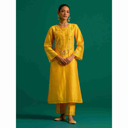 Anantaa By Roohi Trehan Yellow Hand Embroidered Thread Work Silk Chanderi Kurta
