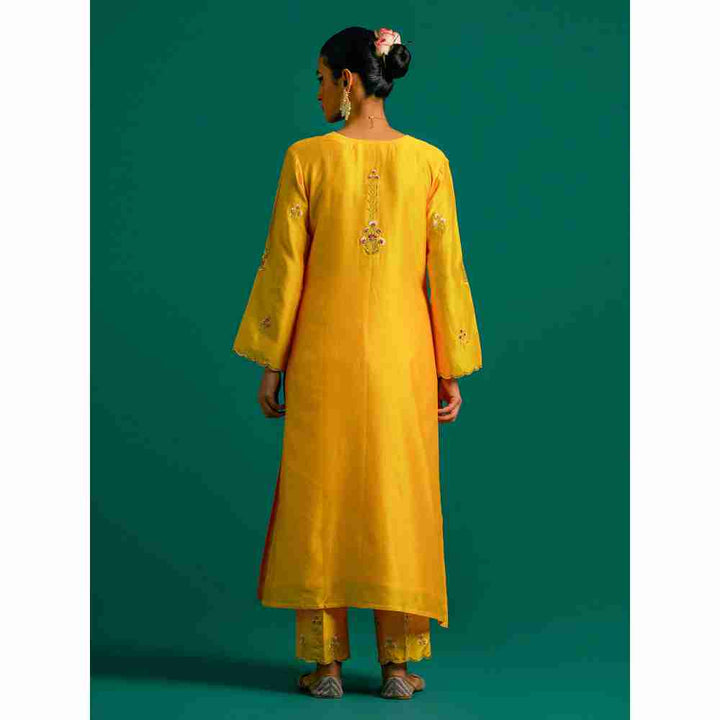 Anantaa By Roohi Trehan Yellow Hand Embroidered Thread Work Silk Chanderi Kurta