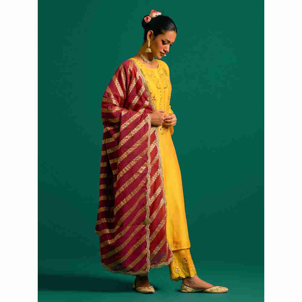 Anantaa By Roohi Trehan Yellow Hand Embroidered Thread Work Silk Chanderi Kurta