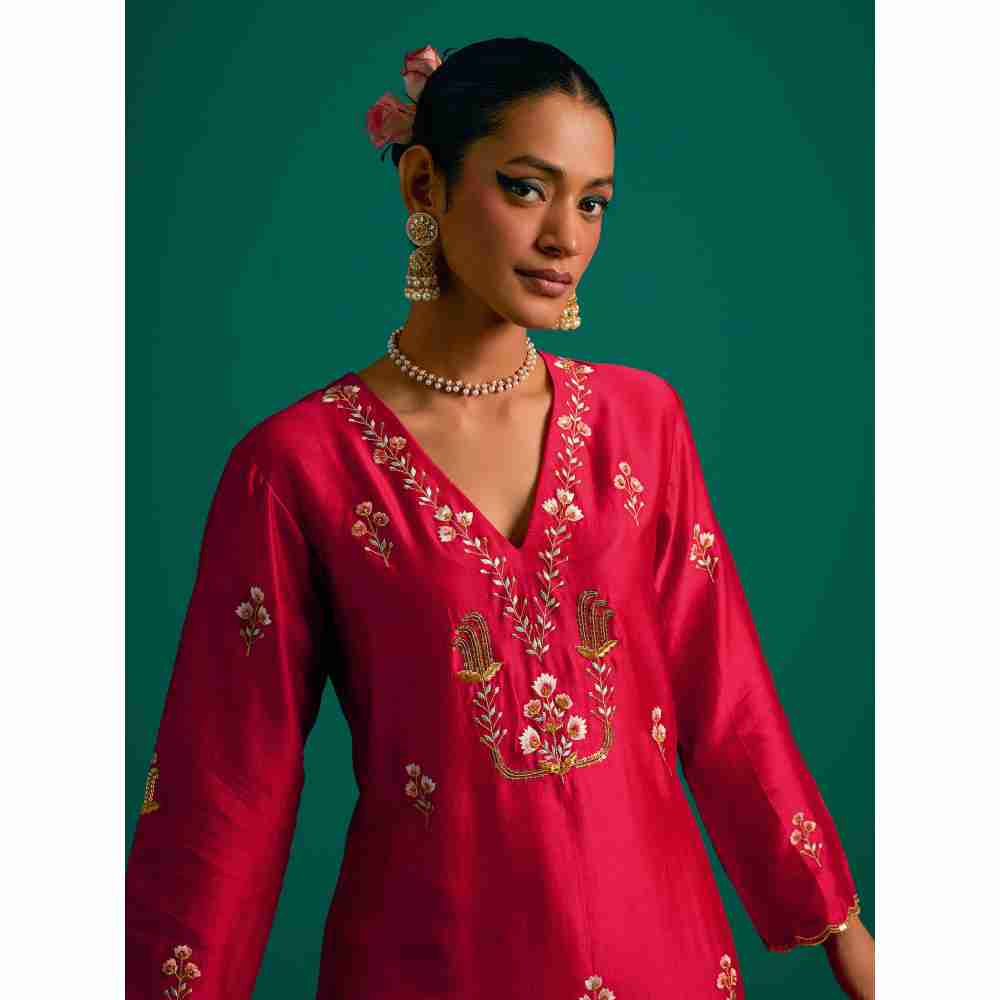 Anantaa By Roohi Trehan Red V Neck Hand Embroidered Thread Work Silk Chanderi Kurta