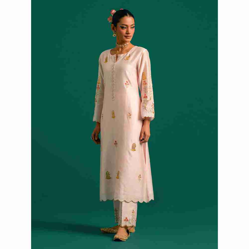Anantaa By Roohi Trehan Pink Hand Embroidered Thread Work Silk Chanderi Kurta