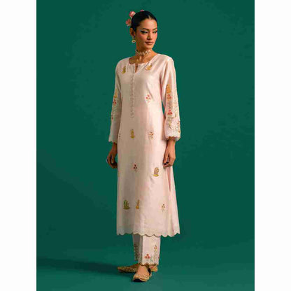 Anantaa By Roohi Trehan Pink Hand Embroidered Thread Work Silk Chanderi Kurta