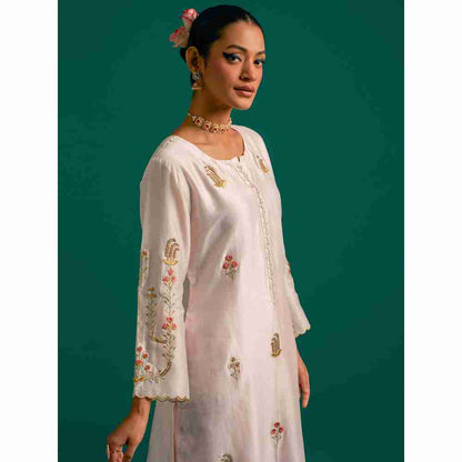 Anantaa By Roohi Trehan Pink Hand Embroidered Thread Work Silk Chanderi Kurta