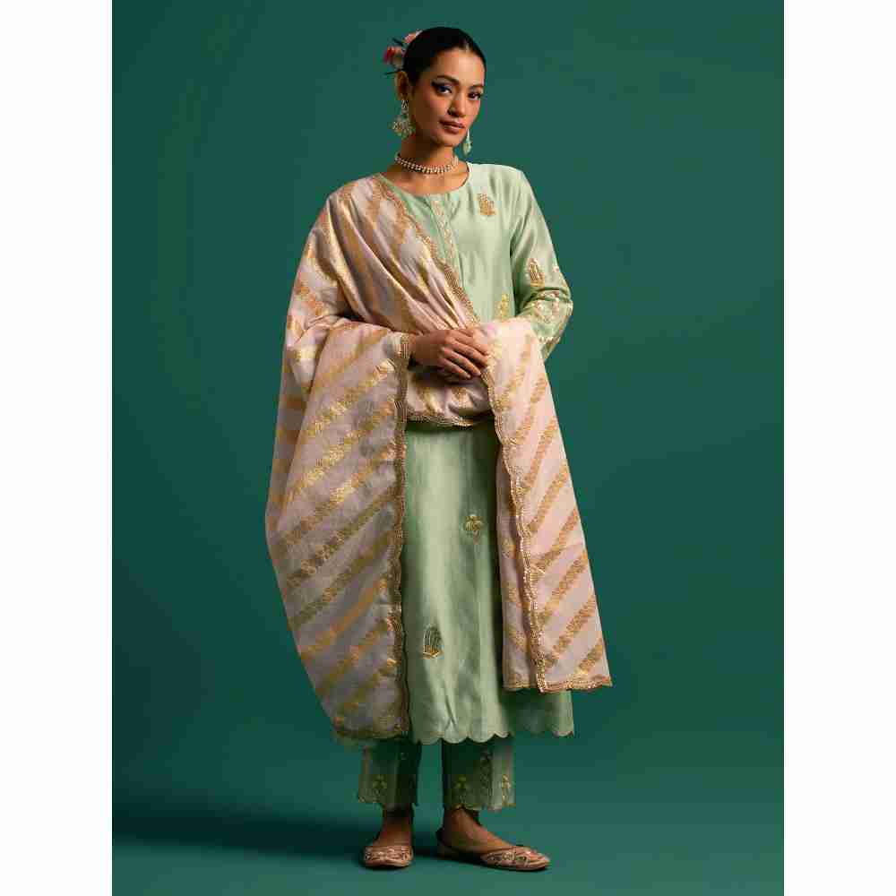 Anantaa By Roohi Trehan Green Hand Embroidered Thread Work Silk Chanderi Kurta