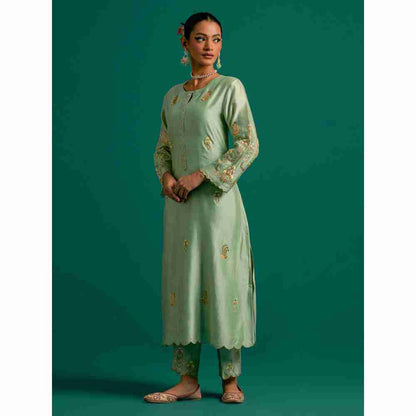 Anantaa By Roohi Trehan Green Hand Embroidered Thread Work Silk Chanderi Kurta