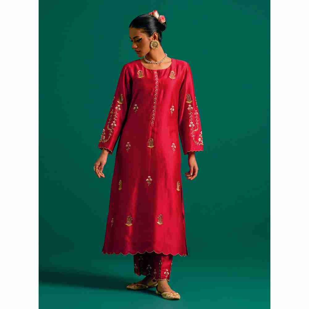 Anantaa By Roohi Trehan Red Hand Embroidered Thread Work Silk Chanderi Kurta