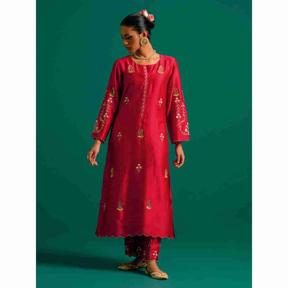 Anantaa By Roohi Trehan Red Hand Embroidered Thread Work Silk Chanderi Kurta