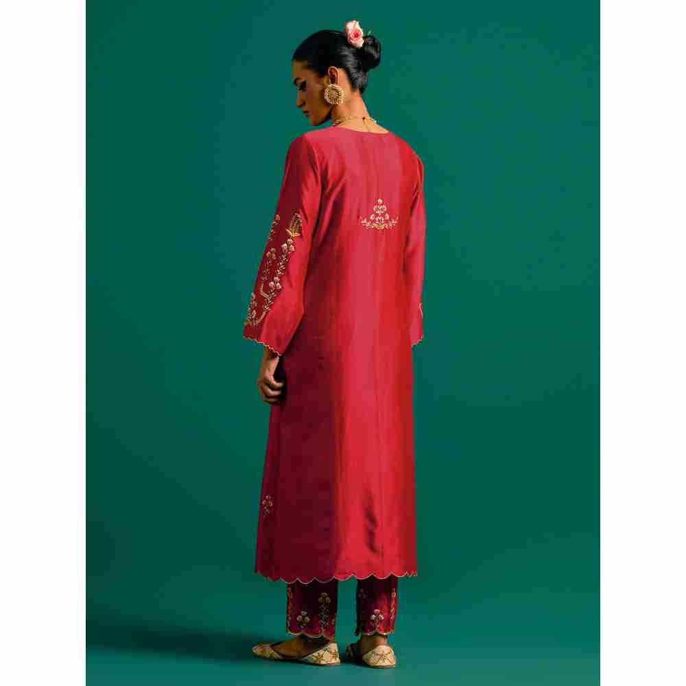 Anantaa By Roohi Trehan Red Hand Embroidered Thread Work Silk Chanderi Kurta