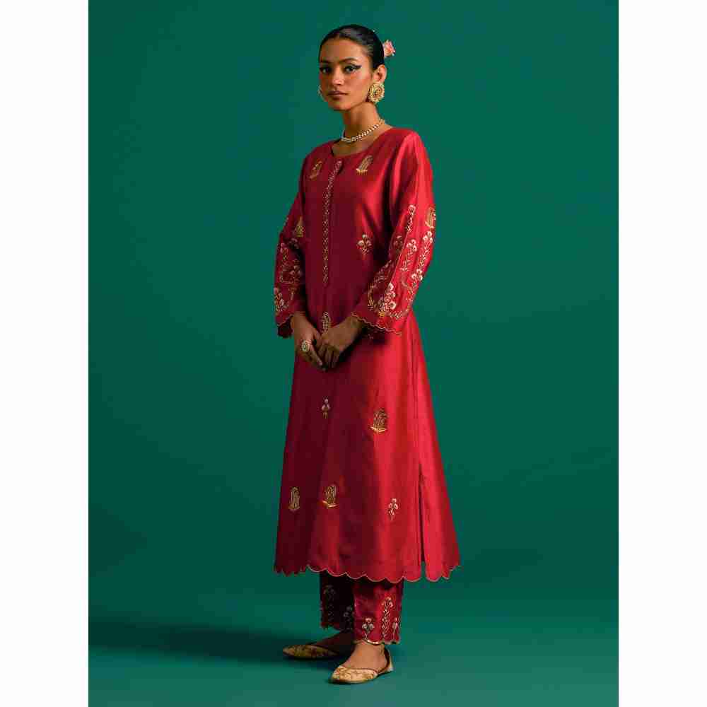 Anantaa By Roohi Trehan Red Hand Embroidered Thread Work Silk Chanderi Kurta