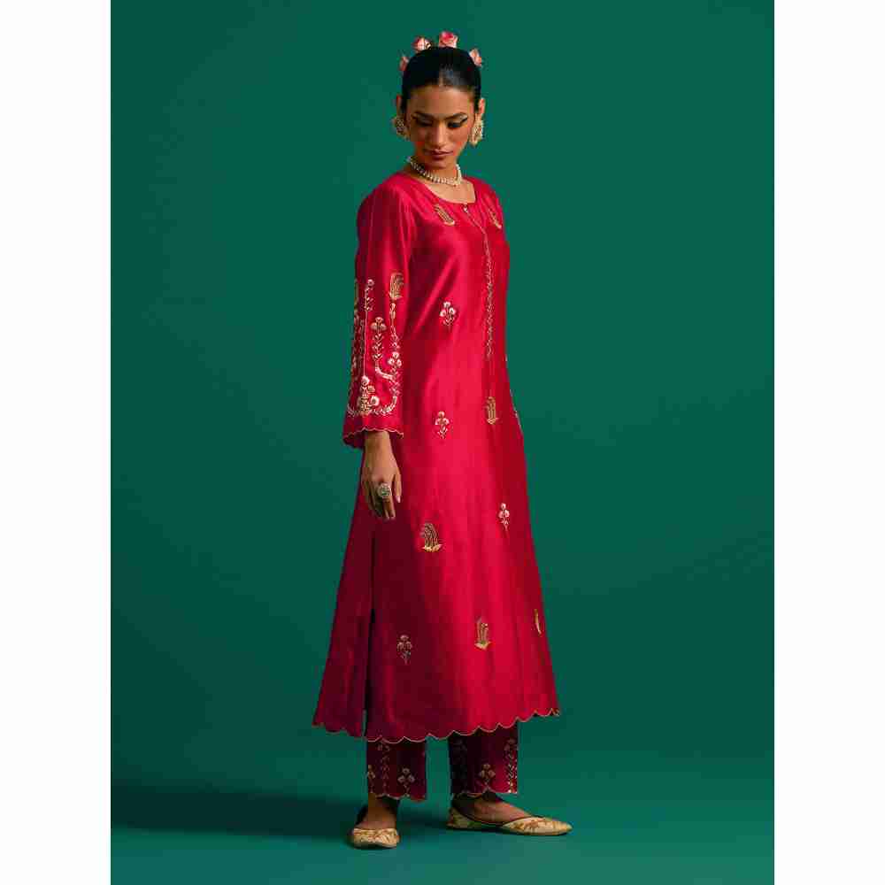 Anantaa By Roohi Trehan Red Hand Embroidered Thread Work Silk Chanderi Kurta