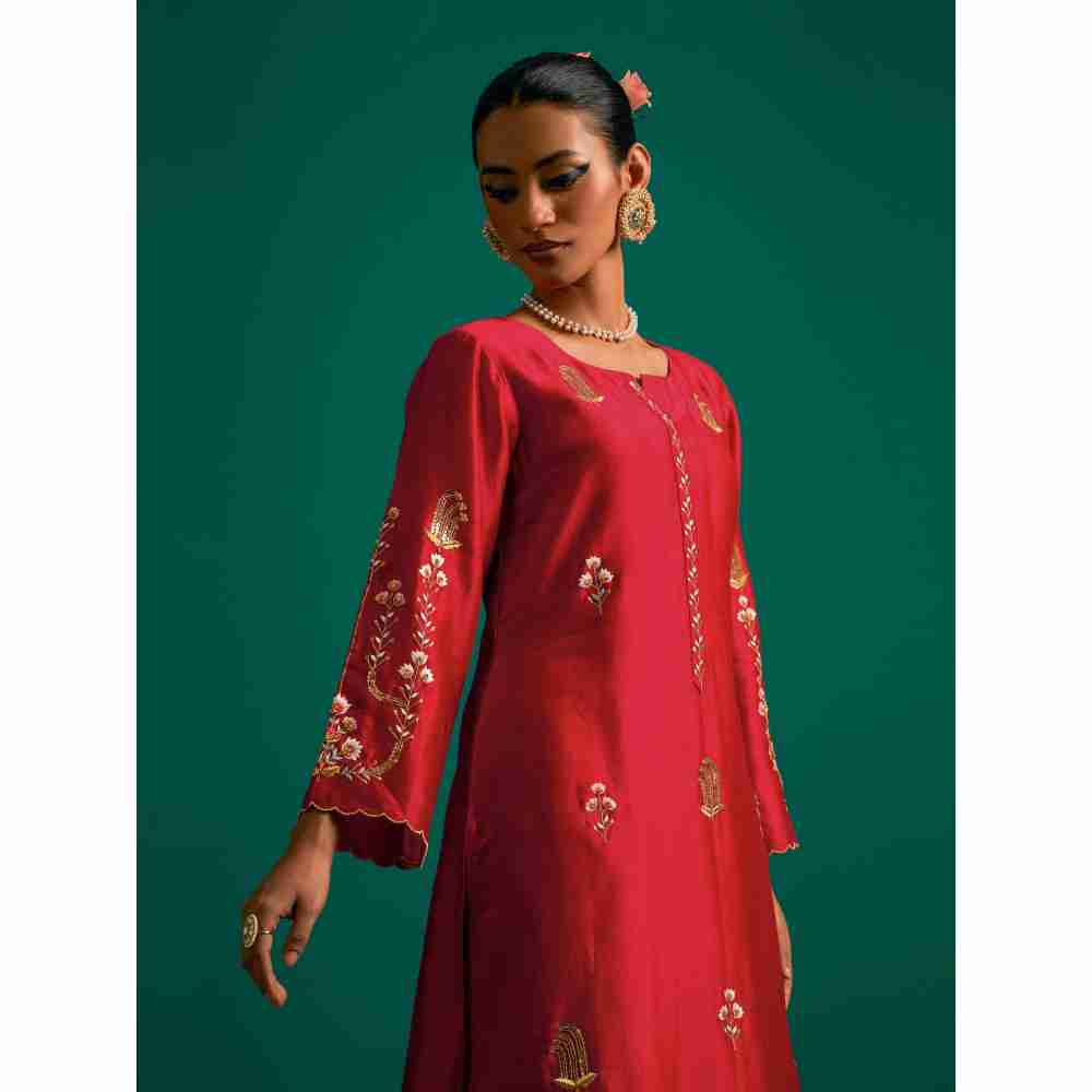 Anantaa By Roohi Trehan Red Hand Embroidered Thread Work Silk Chanderi Kurta