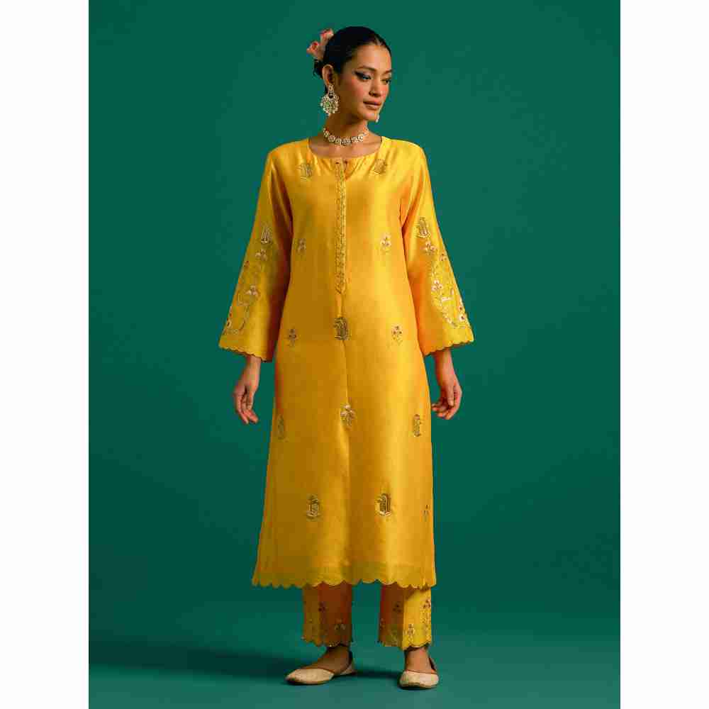 Anantaa By Roohi Trehan Yellow Hand Embroidered Thread Work Silk Chanderi Kurta