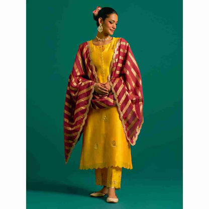 Anantaa By Roohi Trehan Yellow Hand Embroidered Thread Work Silk Chanderi Kurta