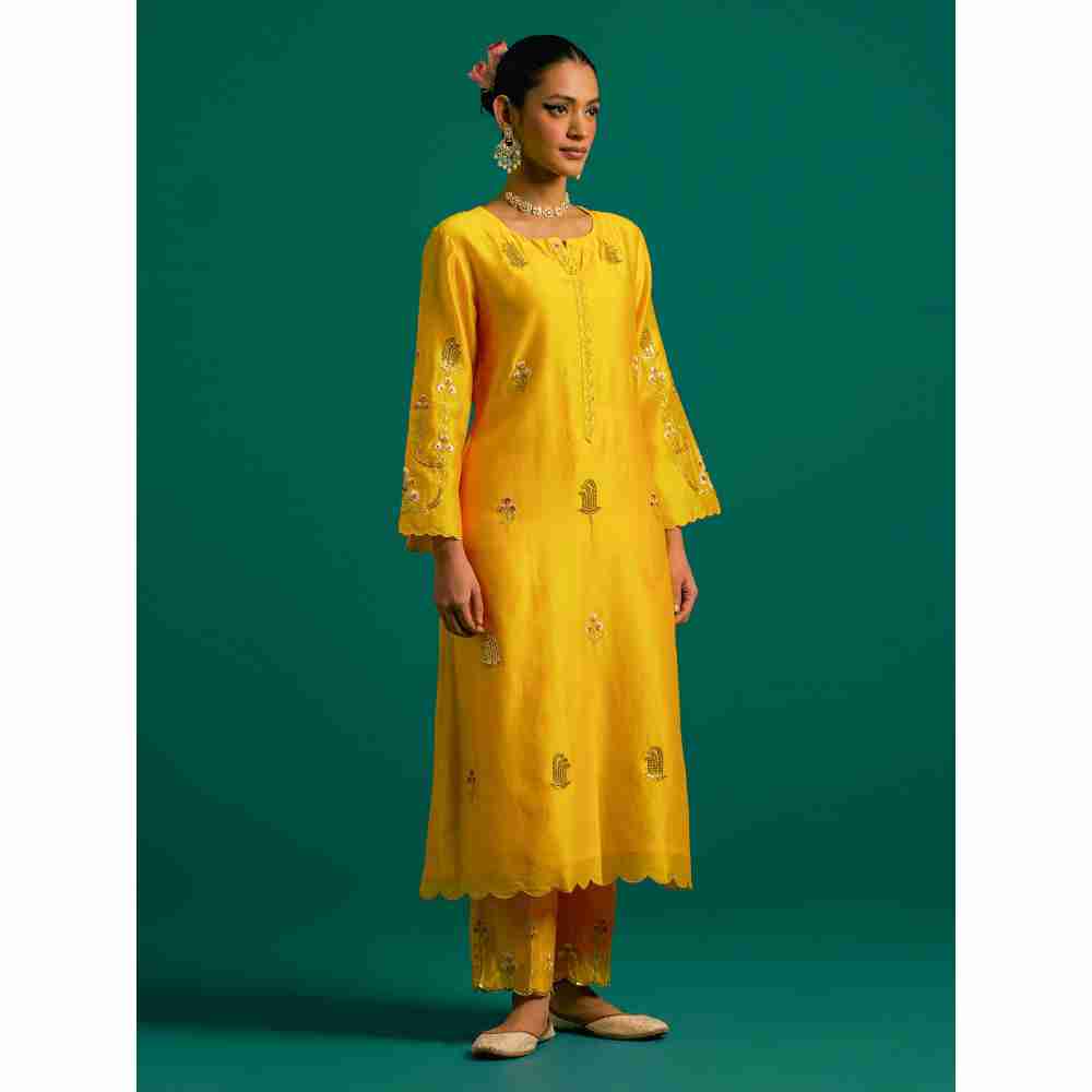 Anantaa By Roohi Trehan Yellow Hand Embroidered Thread Work Silk Chanderi Kurta