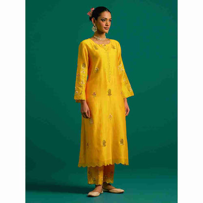 Anantaa By Roohi Trehan Yellow Hand Embroidered Thread Work Silk Chanderi Kurta