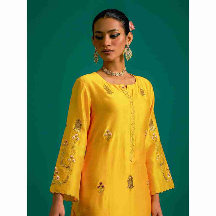 Anantaa By Roohi Trehan Yellow Hand Embroidered Thread Work Silk Chanderi Kurta
