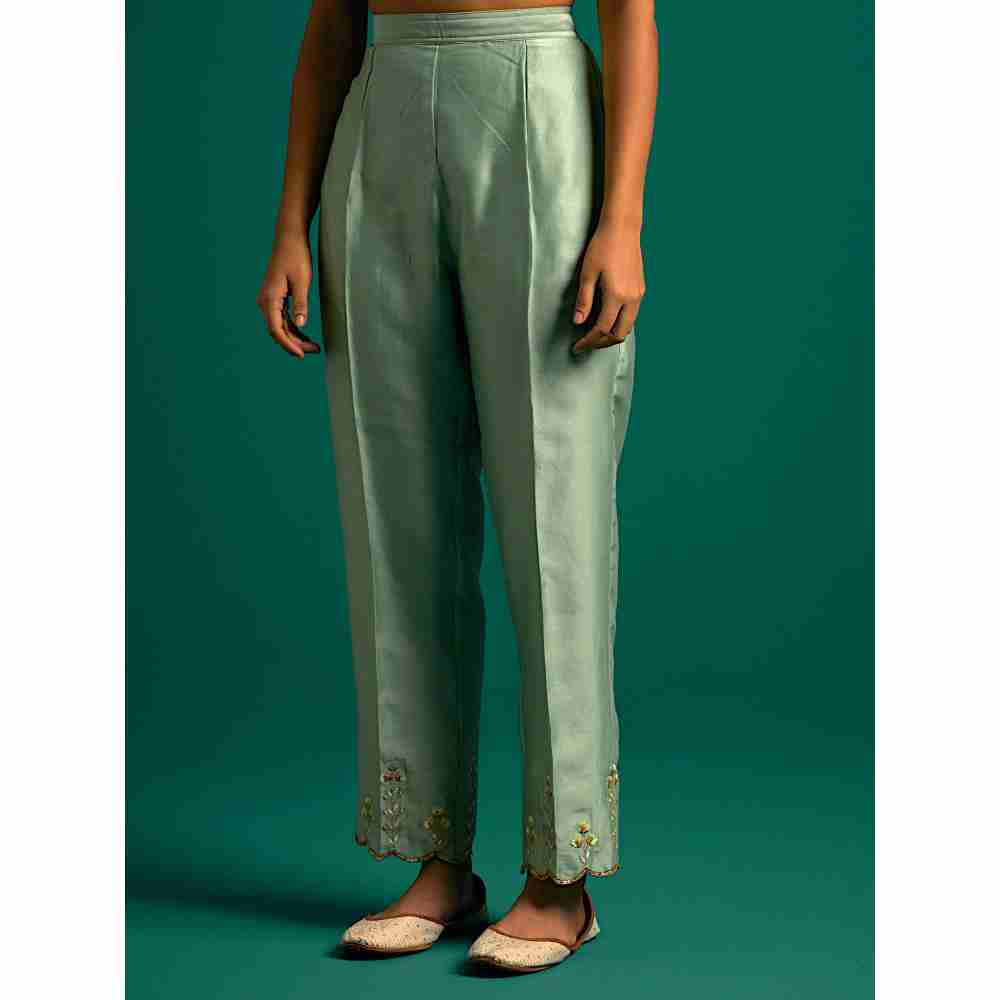 Anantaa By Roohi Trehan Green Hand Embroidered Thread Work Silk Chanderi Pant