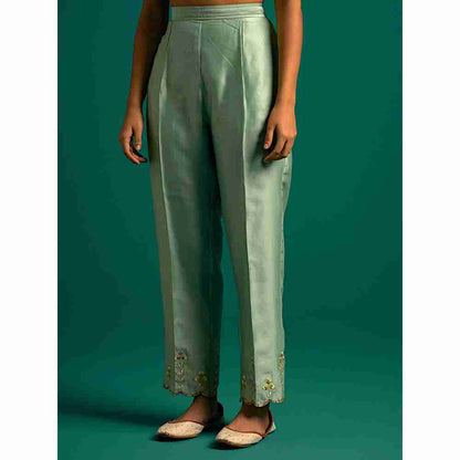Anantaa By Roohi Trehan Green Hand Embroidered Thread Work Silk Chanderi Pant