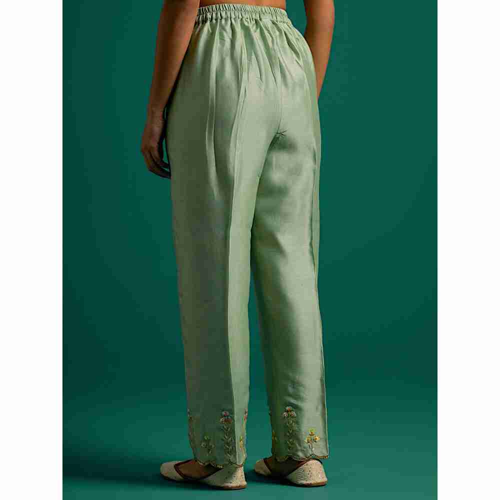 Anantaa By Roohi Trehan Green Hand Embroidered Thread Work Silk Chanderi Pant