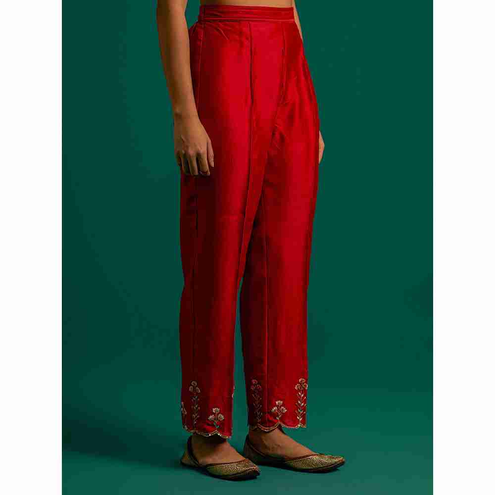 Anantaa By Roohi Trehan Red Hand Embroidered Thread Work Silk Chanderi Pant