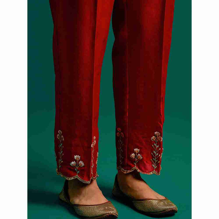 Anantaa By Roohi Trehan Red Hand Embroidered Thread Work Silk Chanderi Pant
