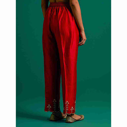 Anantaa By Roohi Trehan Red Hand Embroidered Thread Work Silk Chanderi Pant