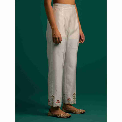 Anantaa By Roohi Trehan Off White Hand Embroidered Thread Work Silk Chanderi Pant