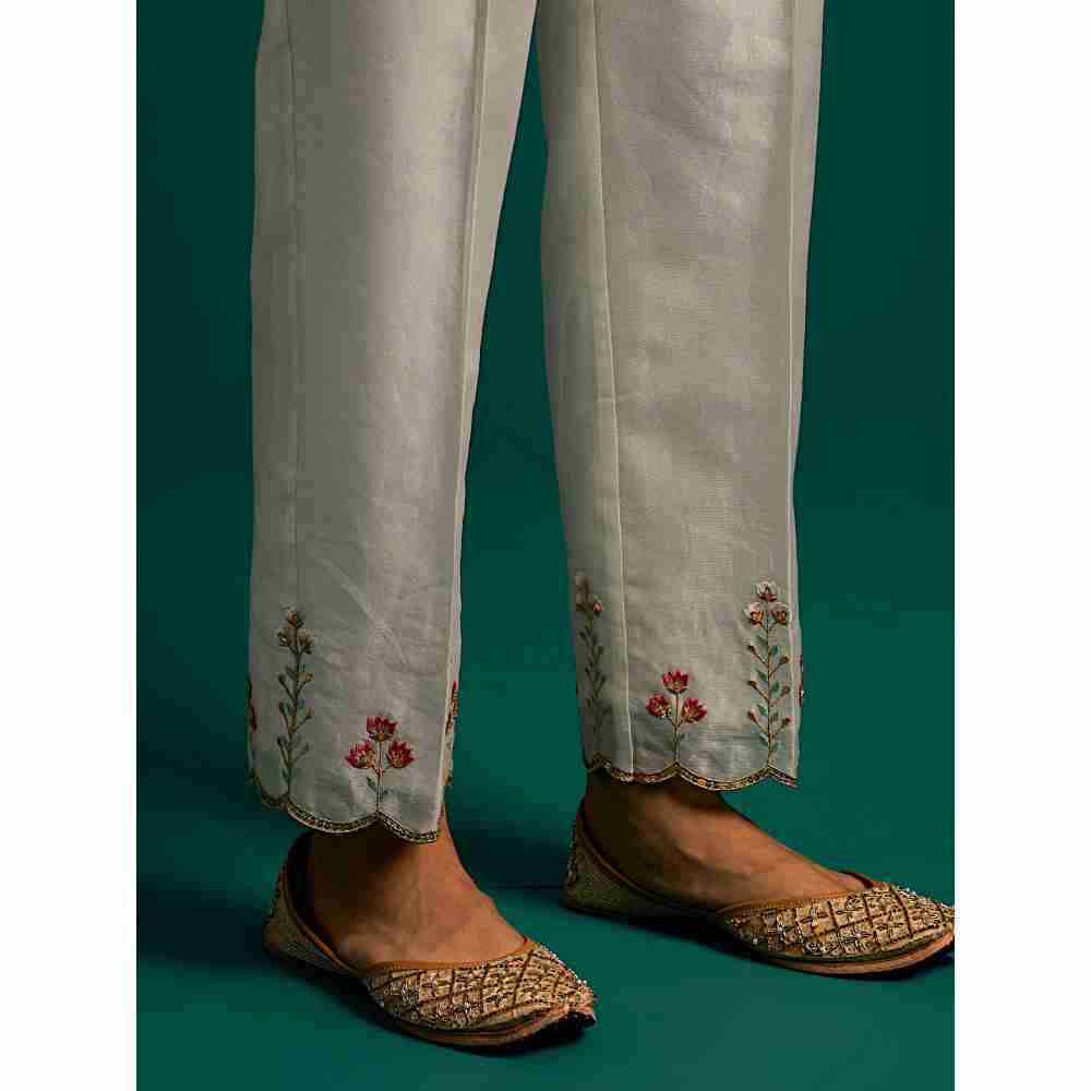 Anantaa By Roohi Trehan Off White Hand Embroidered Thread Work Silk Chanderi Pant