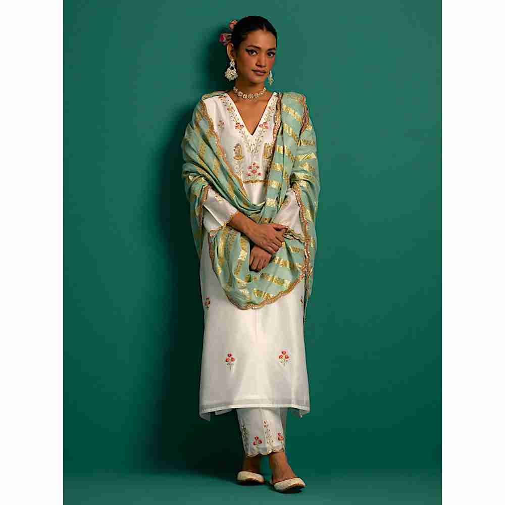 Anantaa By Roohi Trehan Off White Hand Embroidered Thread Work Silk Chanderi Pant