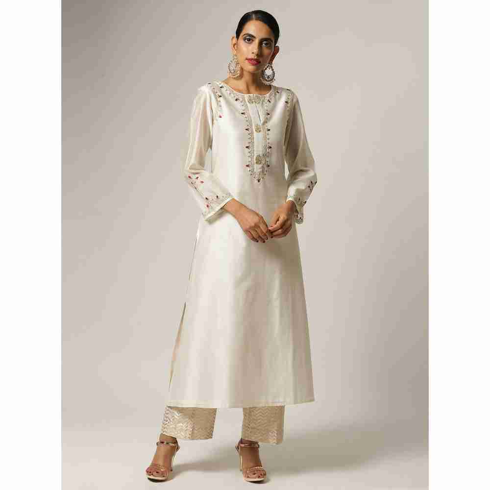 Anantaa Off White Silk Chanderi Embroidery Kurta