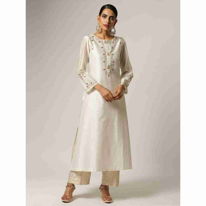 Anantaa Off White Silk Chanderi Embroidery Kurta