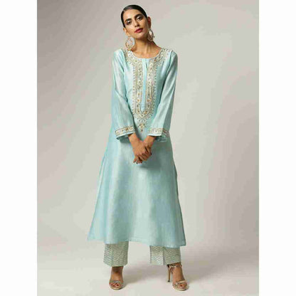 Anantaa Hand Embroidery Blue Silk Chanderi Kurta