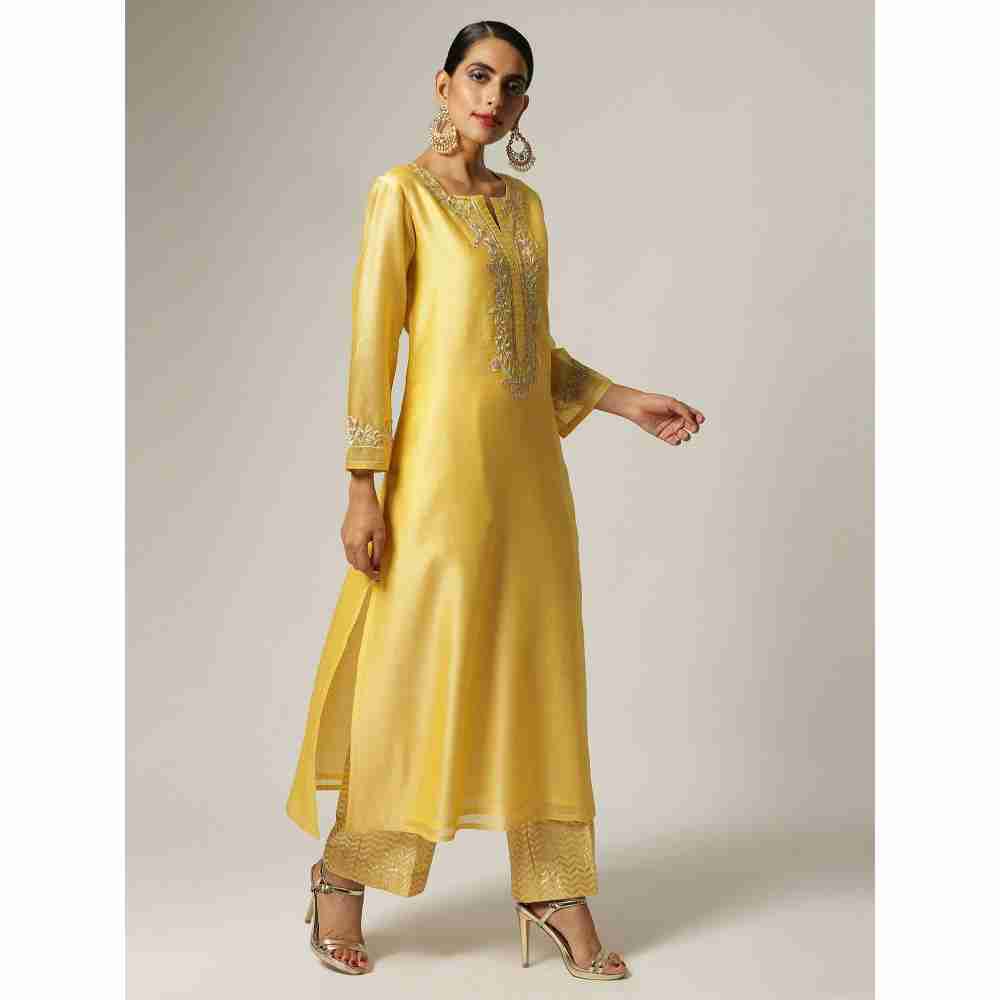 Anantaa Hand Embroidery Yellow Silk Chanderi Kurta