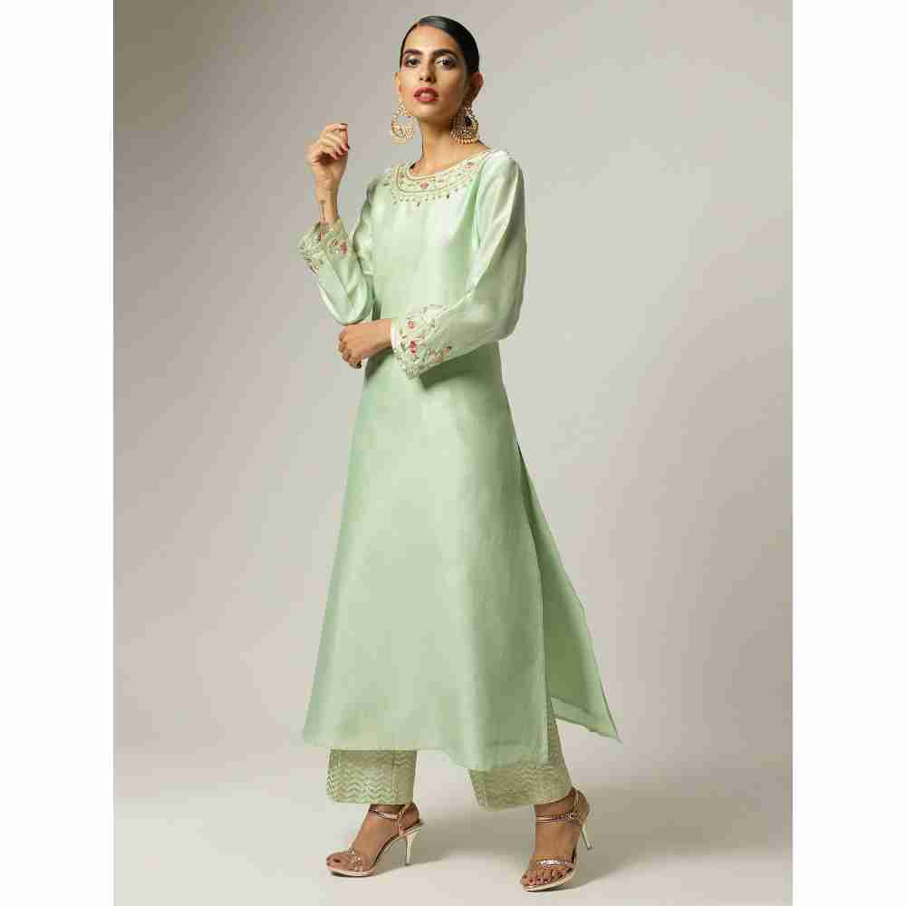Anantaa Hand Embroidery Green Silk Chanderi Kurta