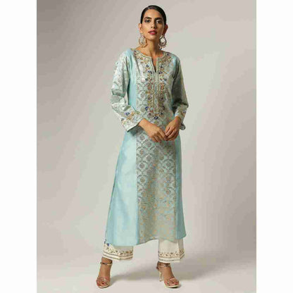 Anantaa Hand Embroidery & Golden Jaal Blue Silk Chanderi Kurta