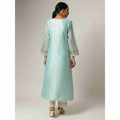 Anantaa Hand Embroidery & Golden Jaal Blue Silk Chanderi Kurta