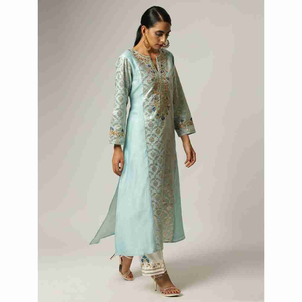 Anantaa Hand Embroidery & Golden Jaal Blue Silk Chanderi Kurta