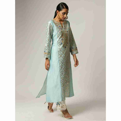 Anantaa Hand Embroidery & Golden Jaal Blue Silk Chanderi Kurta