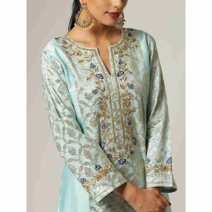 Anantaa Hand Embroidery & Golden Jaal Blue Silk Chanderi Kurta