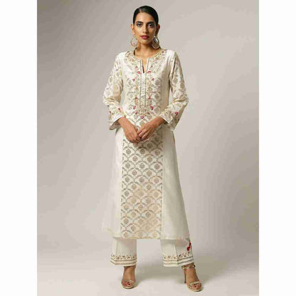 Anantaa Hand Embroidery & Golden Jaal Off White Silk Chanderi Kurta
