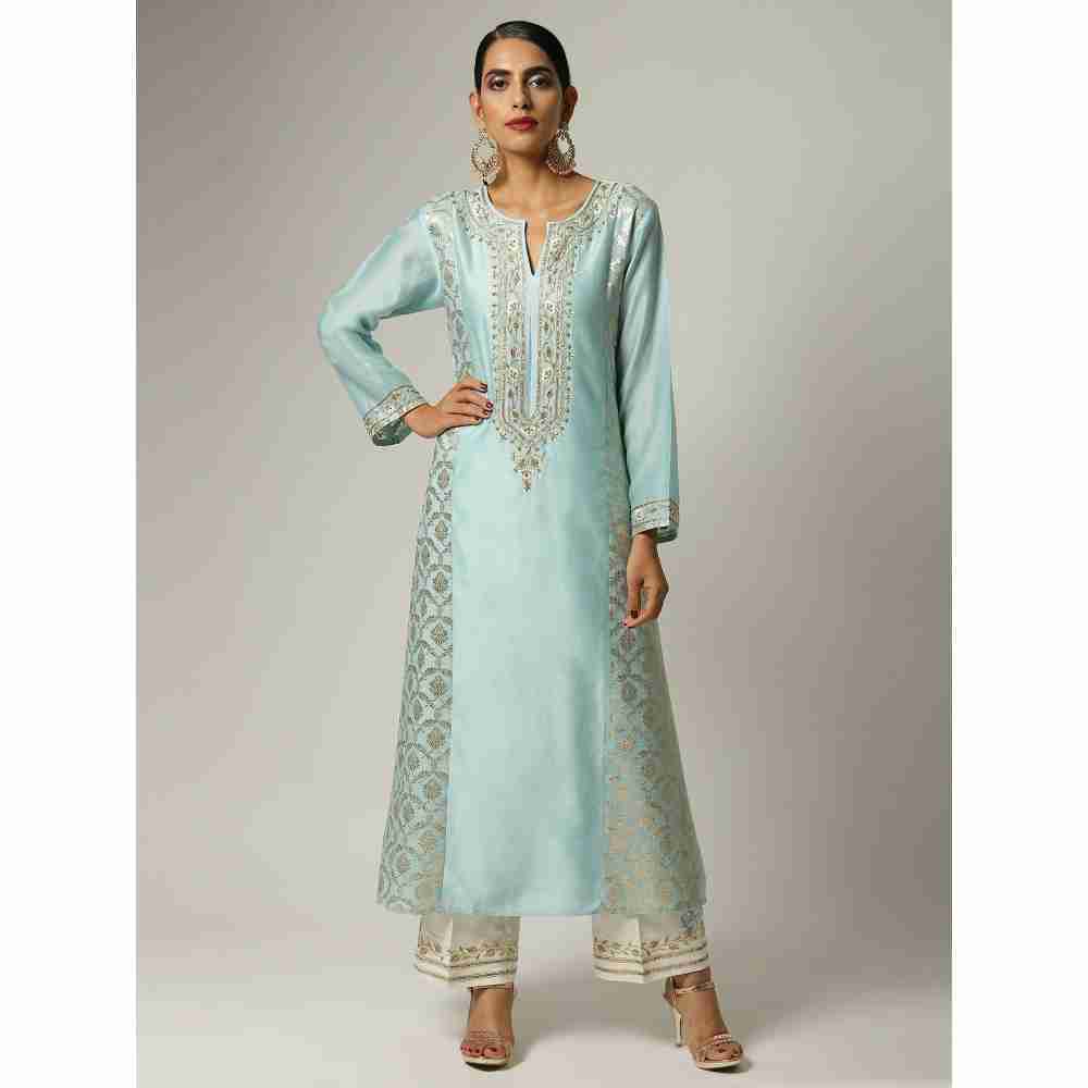 Anantaa Hand Embroidery & Golden Jaal Blue Silk Chanderi Kurta