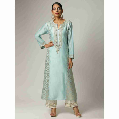 Anantaa Hand Embroidery & Golden Jaal Blue Silk Chanderi Kurta